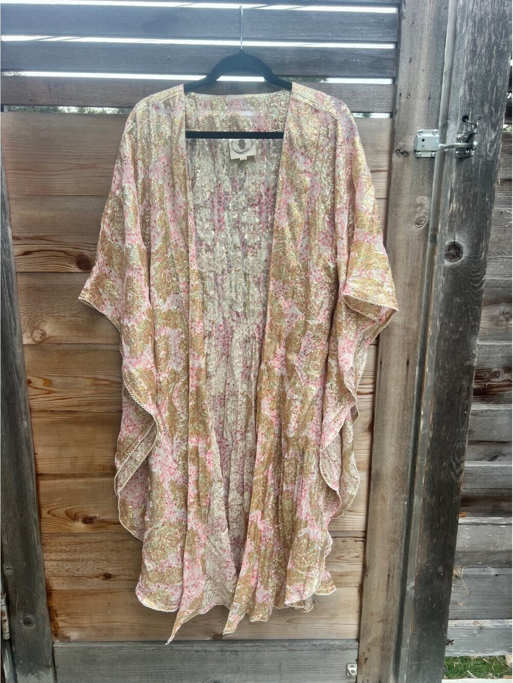 Muchette Kimono Pink Gold Metallic Floral Open Cardigan One Size